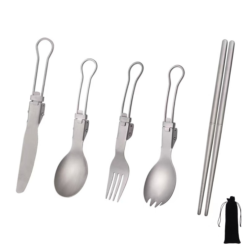 Camping Cooking And Eating - Conjunto de Utensílios de Titânio Dobrável